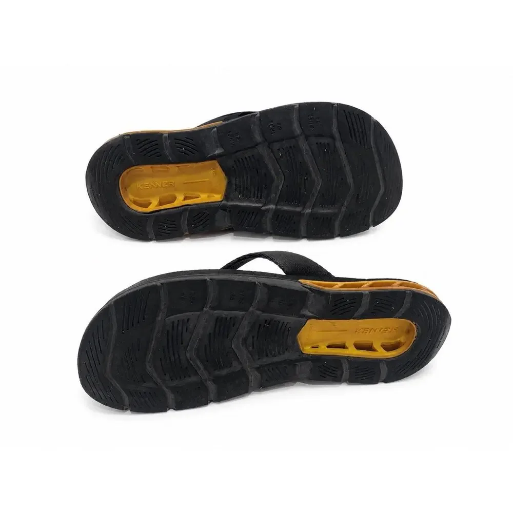 Kenner Men's Thong Sandals Black/Yellow Rubber Slip-On Logo Accent Size 2.5 M